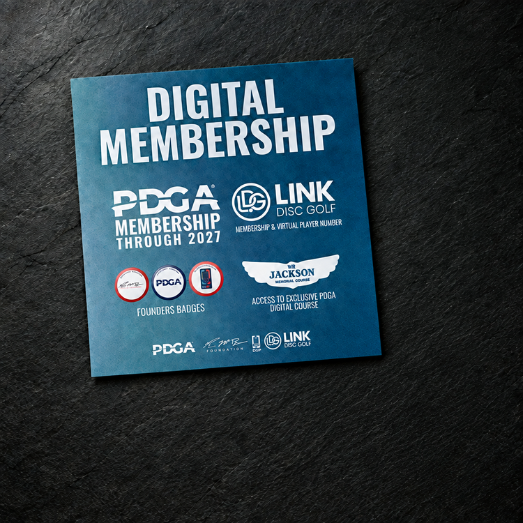 Digital Membership card on dark slate, with PDGA membership through 2027 and Link Disc Golf membership